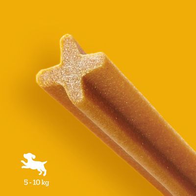Bâtonnet à mâcher en forme de croix, fond jaune, pictogramme chien et texte « 5–10 kg » en bas à gauche.