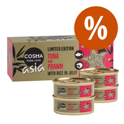 Cosma Asia Pure Love Limited Edition Tuna and Prawn with Rice in Jelly, balenie konzerv s nápisom Merry Christmas a oranžovým symbolom percenta na zľavu.