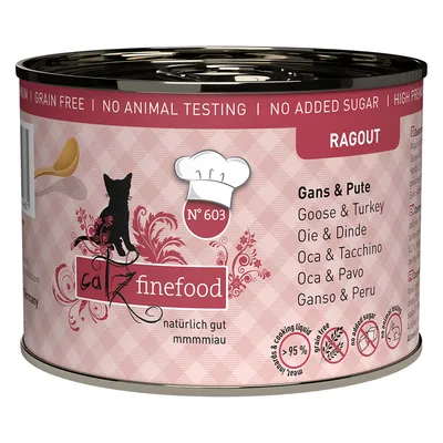 Catz Finefood Nr. 603 ragù oca e tacchino, naturalmente buono, senza zuccheri aggiunti, senza cereali, senza test sugli animali, 95% carne, alta qualità.