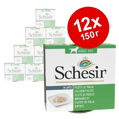 Schesir Adult Dog in jelly, пилешко филе. Пакет 12×150 г. Видими са няколко кутии с етикети на различни езици: Filetti di pollo, Chicken fillets, Filetes de pollo.