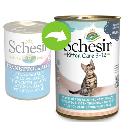 Schesir Kitten Care 3-12, tonfisk med aloe i gelé. Komplett och balanserat kattfoder för kattungar. Förpackningsändring från Schesir Nature for Cat till Kitten Care.