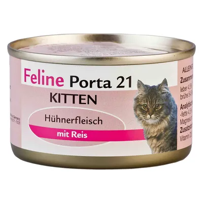 Feline Porta 21 Kitten, Hühnerfleisch mit Reis. Dose mit Katzenmotiv und Zutatenliste: Leber 4,5%, Brühe 54,5%. Analyse: Fett 4,5%, Magnesium 0,02%. Zusatzstoffe: Vitamin D3.