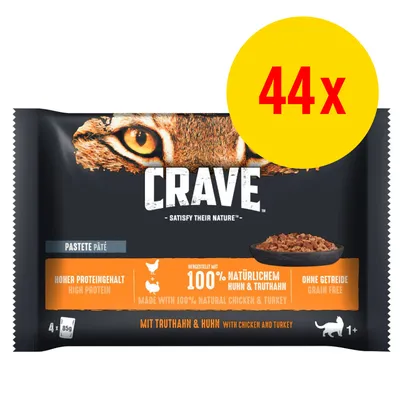 Crave Pastete mit Truthahn und Huhn, hoher Proteingehalt, hergestellt mit 100% natürlichem Huhn & Truthahn, ohne Getreide. Packung enthält 44 x 85g Portionen. Für Katzen ab 1 Jahr.