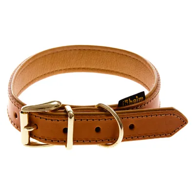 Collar de cuero marrón para perro con hebilla y anilla metálicas doradas, etiqueta visible con la marca heim.