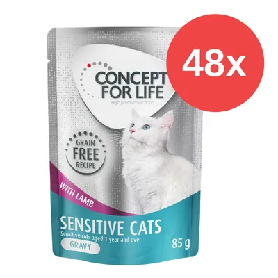 Concept for Life Sensitive Cats mit Lamm, getreidefreie Rezeptur, für sensible Katzen ab 1 Jahr, 48x85g Pouches in Sosse. Concept for Life Sensitive Cats mit Lamm, getreidefreie Rezeptur, für sensible Katzen ab 1 Jahr, 48x85g Pouches in Sosse.