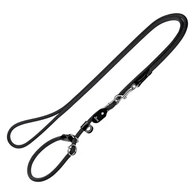 Schwarze Hundeleine aus robustem Material mit verstellbaren Metallverschlüssen und Schlaufen. Marke: Hunter.