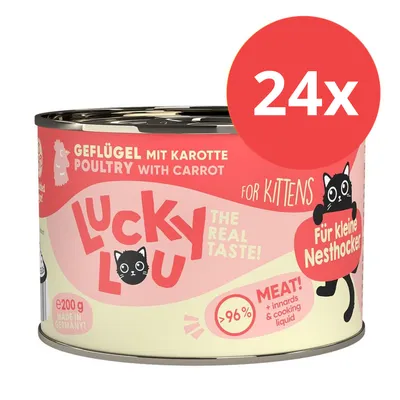 Lucky Lou Katzenfutter für Kätzchen, Geflügel mit Karotte, 200g Dose, >96% Fleischanteil, Made in Germany, 24x Packung.