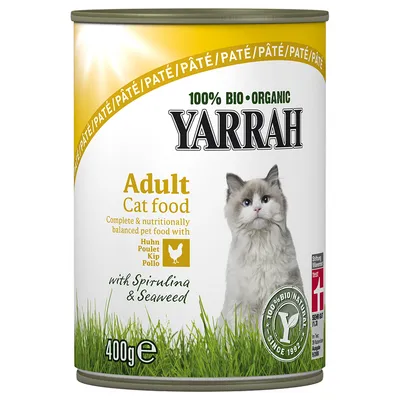 Yarrah 100% Bio Organic Adult Cat food med kylling, spirulina og tang, 400 g. Tekst: Complete & nutritionally balanced pet food with Huhn Poulet Kip Pollo. 100% BIO/NATURAL SINCE 1992.