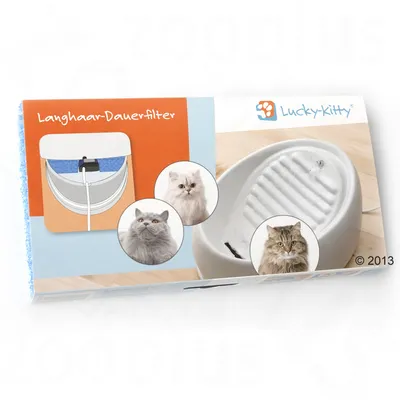 Boîte Lucky-Kitty Langhaar-Dauer-filter avec schéma du filtre, trois chats à poils longs et une fontaine blanche visibles sur l’emballage. Texte en allemand.