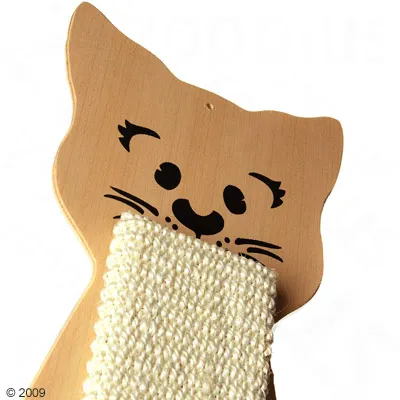 Scratching board made of wood with cat motif and sisal surface for scratching.