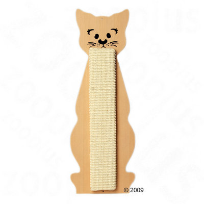 Klösbräda i form av en katt, träfärgad med ansikte och kropp, mittparti täckt av ljus sisal för klösning. © 2009 synligt längst ner till höger.