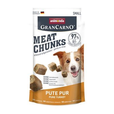 animonda GranCarno Meat Chunks, 97% hond-proteïne, Pute Pur Pure Turkey, zonder granen, soja, suiker of smaakversterkers. Gently air-dried. Made in Germany. Small.