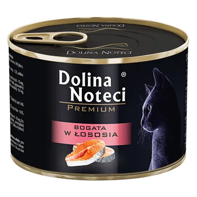 Boîte Dolina Noteci Premium, illustration de saumon, texte polonais « Bogata w łososia », silhouette de chat visible sur l’emballage.