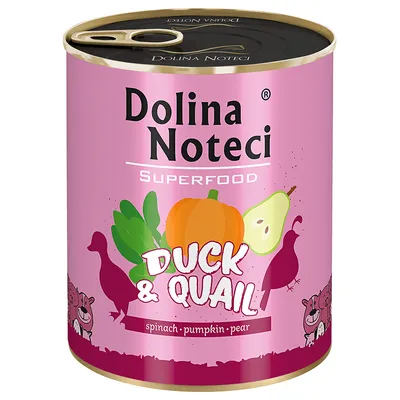 Dolina Noteci Superfood mokré krmivo s kachnou a křepelkou, špenátem, dýní a hruškou. Růžová plechovka s ilustracemi ingrediencí a zvířat.