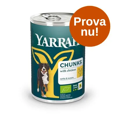 Yarrah Chunks with chicken, nettle & tomato. Beter Leven 3 stjärnor, EU-ekologisk märkning. Orange cirkel med texten: Prova nu!