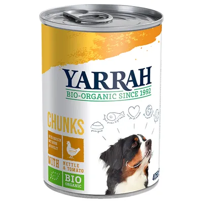 Yarrah Bio-Organic Since 1992 -koiranruokapurkki, Chunks with chicken, nettle & tomato, BIO ORGANIC, kannessa koiran kuva ja piirroskuvia. Näkyvä paino: 405 g.