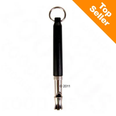 Sifflet en métal et plastique noir avec anneau, mention « Top Seller » en haut à droite sur fond orange. Sifflet en métal et plastique noir avec anneau, mention « Top Seller » en haut à droite sur fond orange.