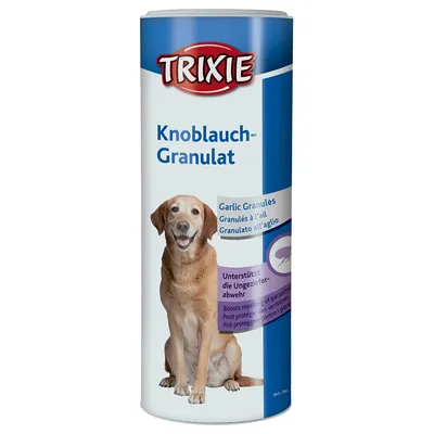 TRIXIE Knoblauch-Granulat beholder med billede af hund. Tekst: Garlic Granules, Unterstützt die Ungezieferabwehr, Boosts repelling of parasites.
