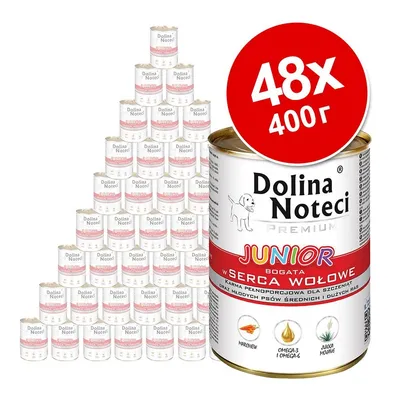 48 консерви по 400 г Dolina Noteci Premium Junior с говежди сърца. Видими икони: морков, омега-3 и омега-6, юка. Текст на опаковката: JUNIOR, BOGATA W SERCA WOŁOWE.