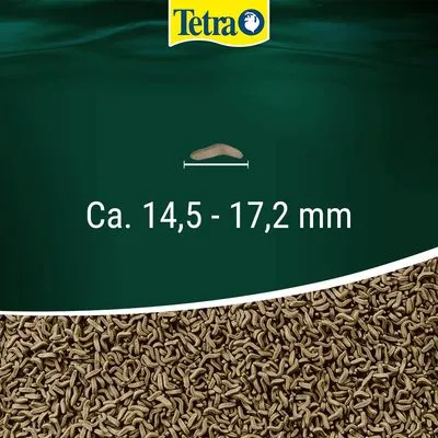 Tetra – korrelgrootte ca. 14,5–17,2 mm zichtbaar met voorbeeldkorrel en stapel voer onderaan.