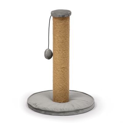 Cat tree with sisal post, grey fabric cover and hanging play ball.