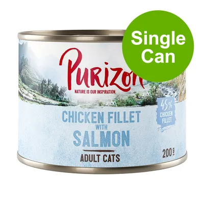 Purizon Chicken Fillet with Salmon, 45% chicken fillet, for adult cats, 200g tin. Green badge reads Single Can. Purizon Chicken Fillet with Salmon, 45% chicken fillet, for adult cats, 200g tin. Green badge reads Single Can.