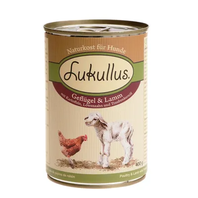 Blik Lukullus hondenvoer, Geflügel & Lamm, met Kartoffeln, Löwenzahn und Traubenkernöl. Afbeelding van kip en lam op het etiket. Inhoud 400 g. Tekst in het Duits.