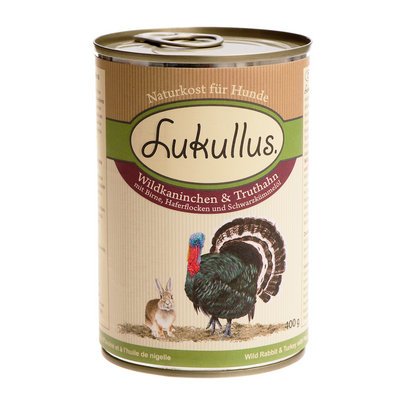 Lukullus Naturkost für Hunde - Wildkaninchen & Truthahn, 400 g säilykepurkki. Etiketissä kani ja kalkkuna, teksti saksaksi ja englanniksi.
