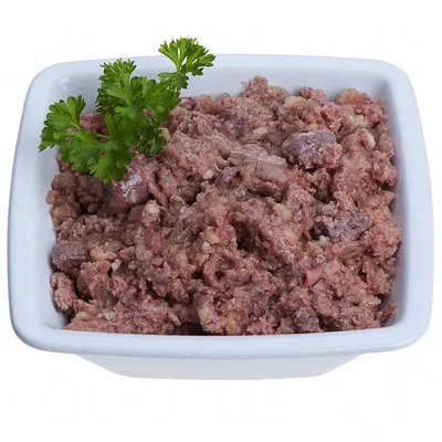 Bowl containing minced wet pet food garnished with a sprig of parsley, showing texture and serving suggestion.
