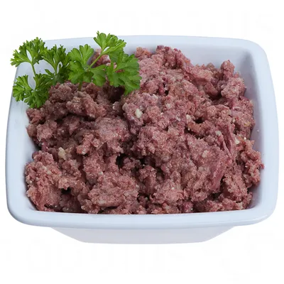 Mleta mokra hrana za hišne ljubljenčke v beli keramični posodi, okrašena z vejico peteršilja.