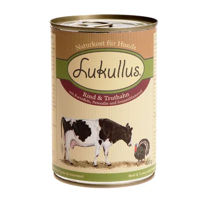Lukullus Naturkost für Hunde - Rind & Truthahn, 400 g. Saksankielinen teksti: mit Kartoffeln, Petersilie und Sonnenblumenöl. Kuvassa lehmä ja kalkkuna.
