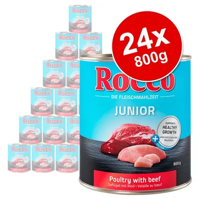 Rocco Junior Poultry with beef, 24 x 800g tins. Label shows 'Supports healthy growth' and 'Calcium'. Visible meat pieces on front label. Text in English, German, French.