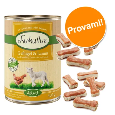 Lukullus Geflügel & Lamm Adult 400 g, lattina con pollo e agnello, patate, tarassaco e olio di lino. Biscotti a forma di osso. Cerchio arancione con testo: Provami!