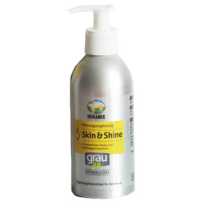 Hokamix Skin & Shine kosttillskott med essentiella omega-3-6-7 och omega-9-fettsyror. Grau Animal Care tillskottsfoder för sällskapsdjur.