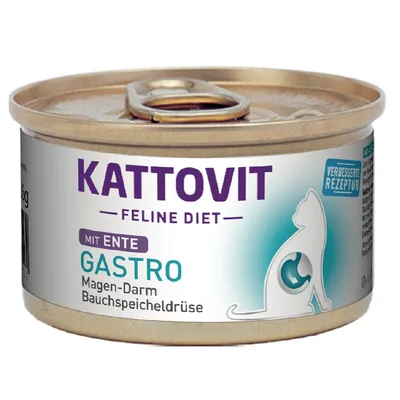 Kattovit Feline Diet Gastro s kačicou, vylepšená receptúra, pre žalúdok, črevá a pankreas. Konzerva s obsahom 85 g.