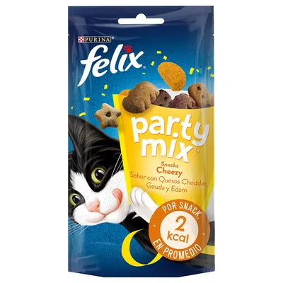 Purina felix party mix Snacks Cheezy, sabor con quesos Cheddar, Gouda y Edam. Por snack 2 kcal en promedio. Imagen de envase con snacks visibles.
