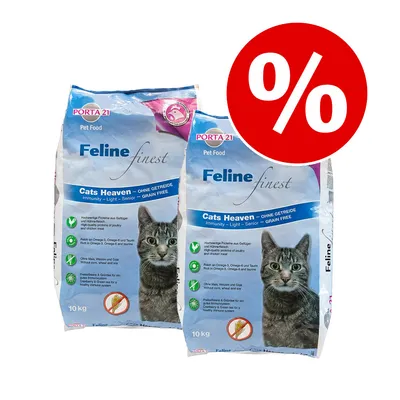 Kaksi Porta 21 Feline Finest Cats Heaven -kuivaruokapussia kissoille, 10 kg, tarjousmerkki prosenttimerkillä. Pakkauksessa näkyy harmaa kissa ja englanninkielistä tuotetekstiä.