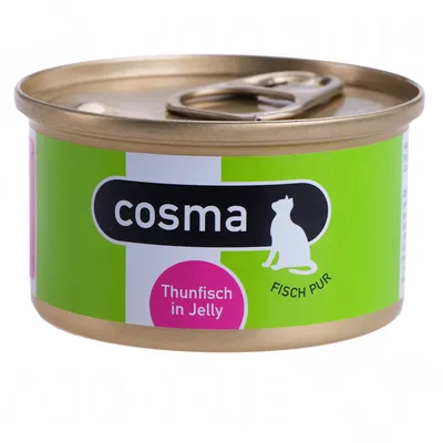 Boîte de nourriture pour chat cosma, texte visible : Thunfisch in Jelly, FISCH PUR. Étiquette verte avec silhouette de chat blanc. Ouverture à languette métallique.