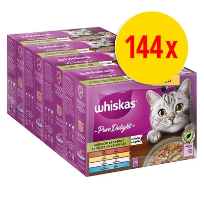 whiskas Pure Delight Gemischtes Ragout in Gelee, 144x12er Packung. Sorten: Rind, Huhn, Lachs, Thunfisch. Große gelbe Markierung mit rotem Text: 144x. whiskas Pure Delight Gemischtes Ragout in Gelee, 144x12er Packung. Sorten: Rind, Huhn, Lachs, Thunfisch. Große gelbe Markierung mit rotem Text: 144x.