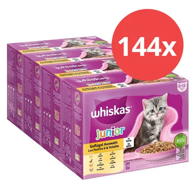 Whiskas Junior Geflügel Auswahl in Gelee, 144x Portionsbeutel für Katzen im Alter von 2-12 Monaten. Enthält Huhn, Ente, Geflügel und Truthahn. Whiskas Junior Geflügel Auswahl in Gelee, 144x Portionsbeutel für Katzen im Alter von 2-12 Monaten. Enthält Huhn, Ente, Geflügel und Truthahn.