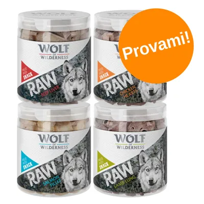 Quattro barattoli Wolf of Wilderness RAW: Beef Liver, Chicken Hearts, Salmon Fillet, Lamb Lung. Etichetta arancione con testo 'Provami!'.