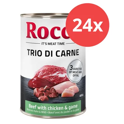 Rocco Trio di Carne, 24x 400g Dosen. Sorte: Rind mit Huhn & Wild. Enthält 3 Fleisch- und Innereienvarianten.