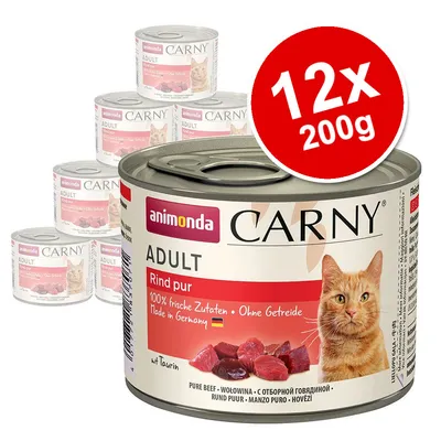 Pack of 12 Animonda Carny Adult pure beef cans, each 200g. Label states 100% fresh ingredients, grain-free, made in Germany, with taurine.