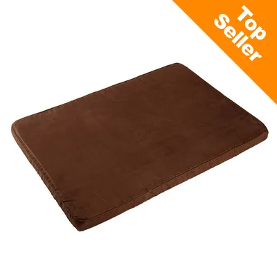 Bruin rechthoekig huisdierenmatras met zachte stof. Rechtsboven oranje label met witte tekst: Top Seller.