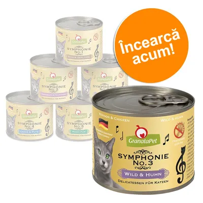 Conserve GranataPet Symphonie No.1–No.5 pentru pisici, sortimente diferite, text vizibil: Venison & Chicken, Wild & Huhn, fără cereale, etichetă portocalie cu mesaj „Încearcă acum!”