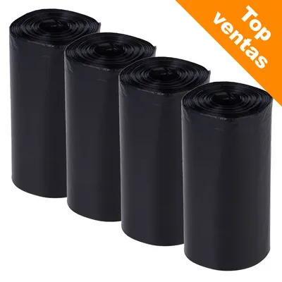 Cuatro rollos de bolsas negras de plástico. Esquina superior derecha con texto: Top ventas. Cuatro rollos de bolsas negras de plástico. Esquina superior derecha con texto: Top ventas.