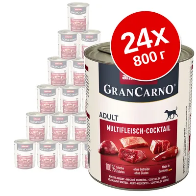 Набор из 24 банок по 800 г Animonda GranCarno Adult Multifleich-Cocktail. На упаковке: 100% frische Zutaten, ohne Getreide ohne Gluten, Made in Germany.