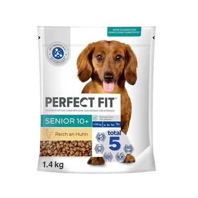 Perfect Fit Senior 10+ hondenvoer, rijk aan kip, 1,4 kg. Bevat zichtbaar: total 5, geen toegevoegde kunstmatige kleurstoffen, geschikt voor honden <10 kg. Perfect Fit Senior 10+ hondenvoer, rijk aan kip, 1,4 kg. Bevat zichtbaar: total 5, geen toegevoegde kunstmatige kleurstoffen, geschikt voor honden <10 kg.