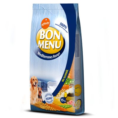 Bon Menu Mediterranes Rezept, 15 kg, mit Olivenöl, keine künstlichen Farbstoffe, 100% Vollnahrung für Hunde. Verpackung zeigt Zutaten wie Mais, Karotten und Erbsen.