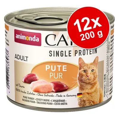 Conservă animonda Carny Single Protein Adult, Pute Pur, 12x200 g. Text vizibil: 100% frische Zutaten, Ohne Getreide, Made in Germany, Pure Turkey, cu steagul Germaniei.